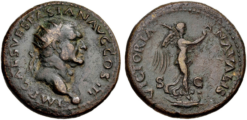 A corroded copper-alloy coin with a Roman emperor's profile on one side and the goddess Victoria standing on a ship's prow on the other